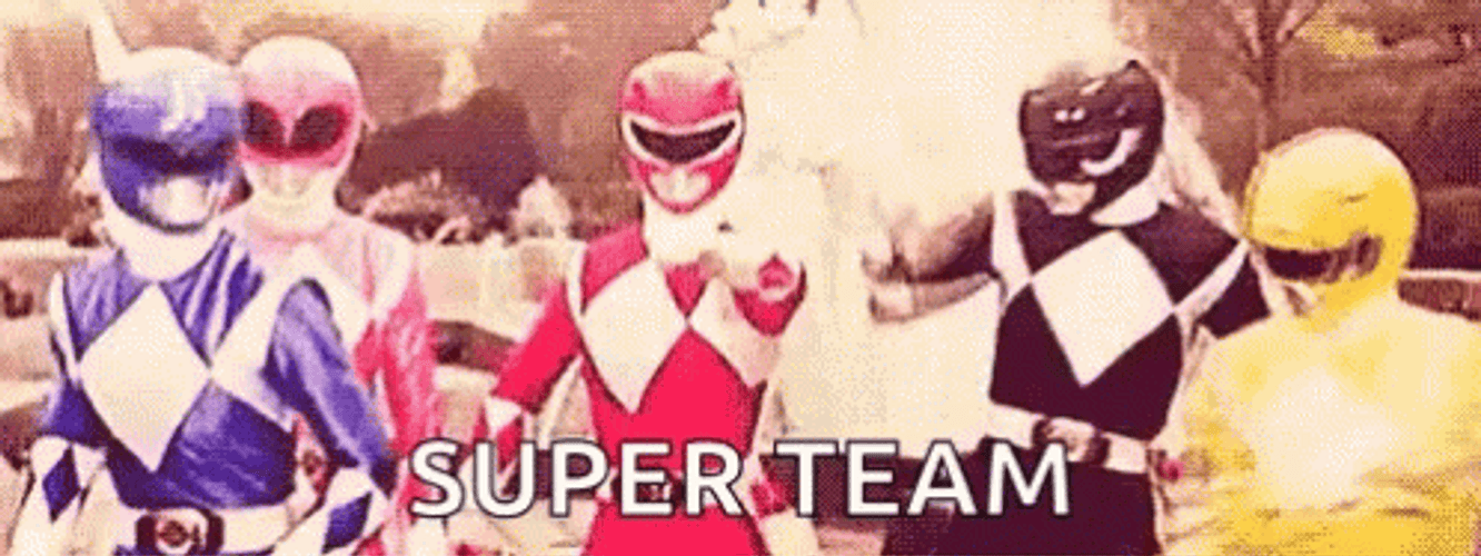 Group of costumed superheroes from a popular show striking poses together, with the text 'SUPER TEAM' displayed at the bottom
