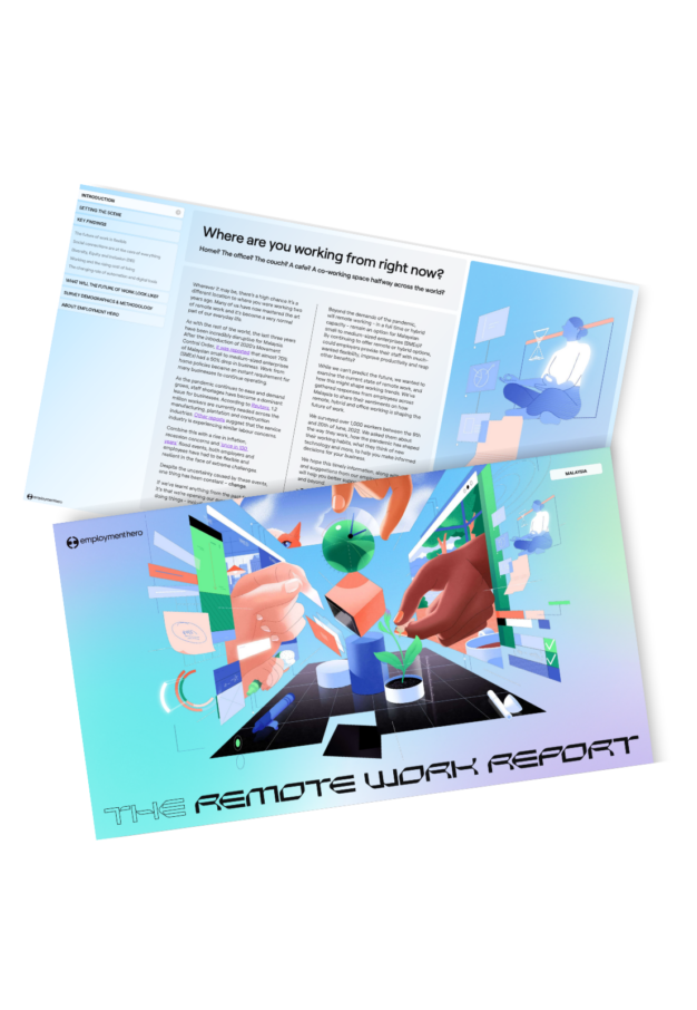 Two-page document titled 'The Remote Work Report' featuring a futuristic design of remote work elements by Employment Hero