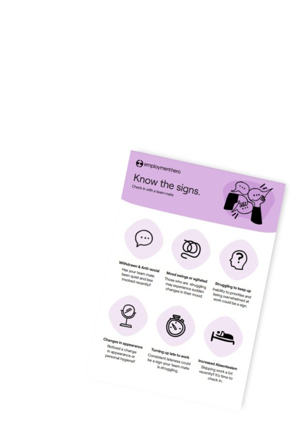 Poster titled 'Know the signs' by Employment Hero, featuring icons and descriptions to help recognize signs of stress or burnout