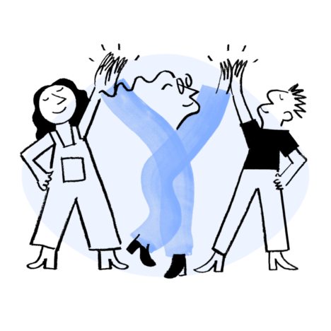 An illustration of Quinn holding out highfives to two people