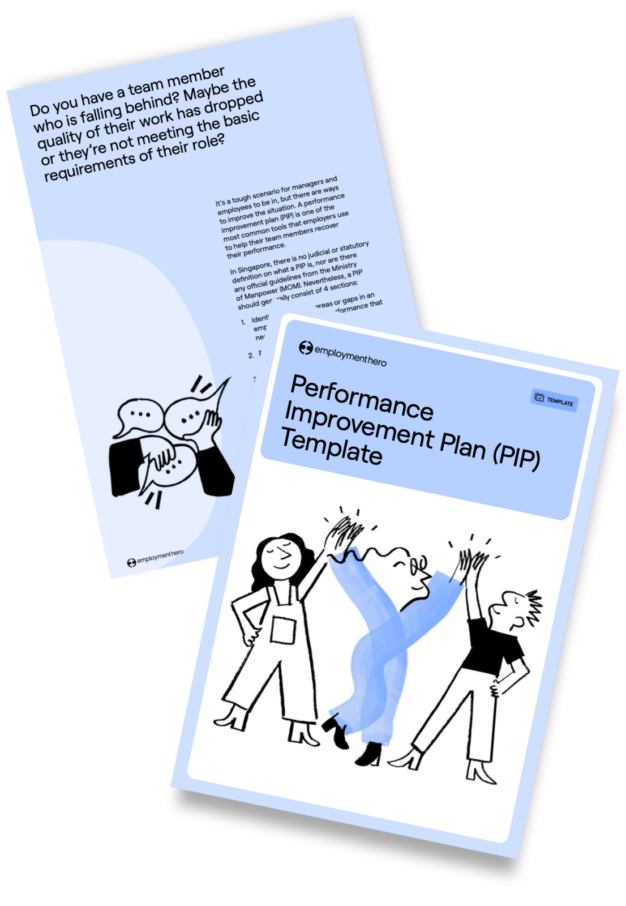 Two pages from 'Performance Improvement Plan (PIP) Template' by Employment Hero, featuring a cover with an illustration of people supporting each other and an interior page introducing the concept of performance improvement plans.