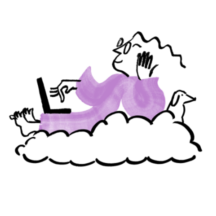An illustration of Quinn resting on a cloud while typing