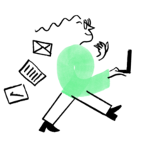 An illustration of Quinn in green, holding a laptop as they walk, leaving a trail of envelope, paper, and a checkbox
