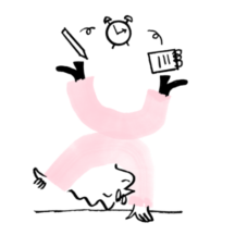 A graphic of Quinn in pink jumpsuit, doing a handstand while their feet are juggling a pencil, an alarm clock, and a notepad