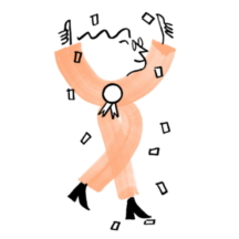 An illustration of Quinn in an orange jumpsuit, an award ribbon attached to their chest as they raise their two thumbs up and pose while there is confetti