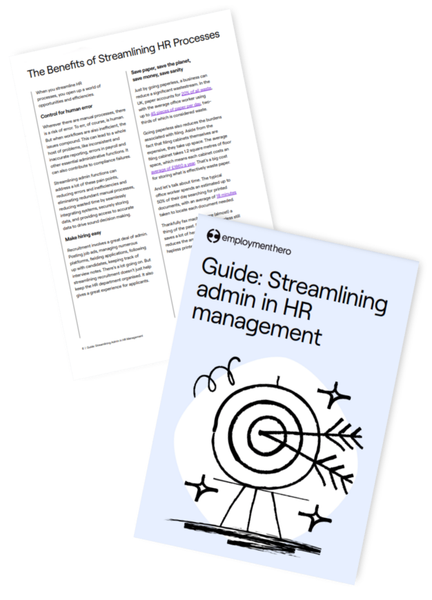 Two-page document titled 'Guide: Streamlining admin in HR management' by Employment Hero