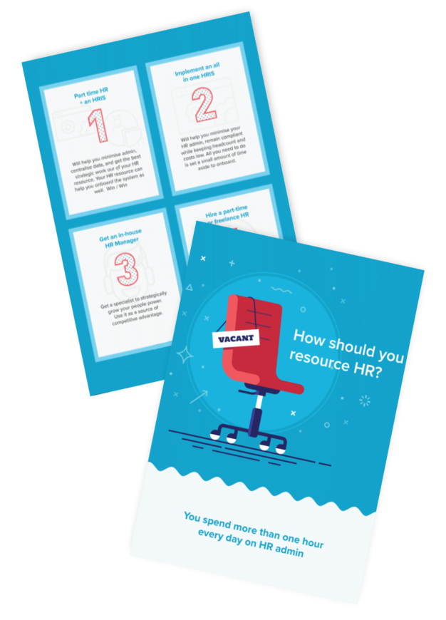 Two-page document titled 'How should you resource HR?' featuring a graphic of a vacant chair and tips on HR resourcing