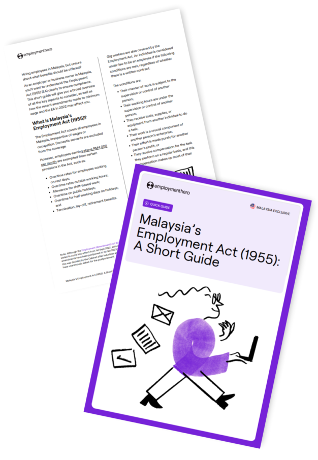 Two-page document titled 'Malaysia's Employment Act (1955): A Short Guide' by Employment Hero