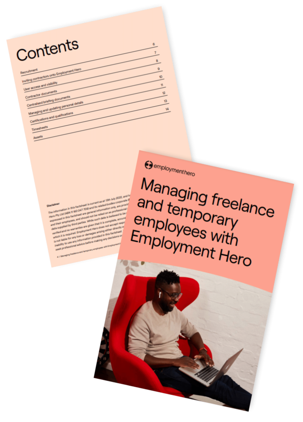 Two-page document titled 'Managing freelance and temporary employees with Employment Hero'
