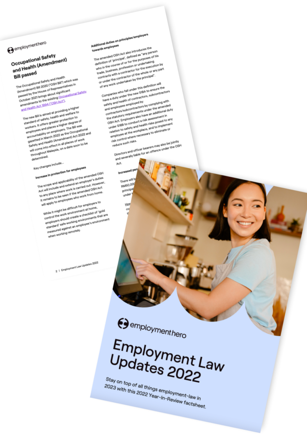 Two pages from 'Employment Law Updates 2022' by Employment Hero, featuring a cover with an image of a smiling woman working on a laptop and an interior page detailing recent changes in employment law