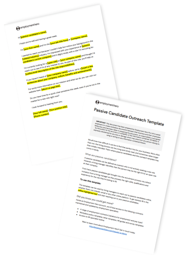 Two-page document titled 'Passive Candidate Outreach Template' by Employment Hero