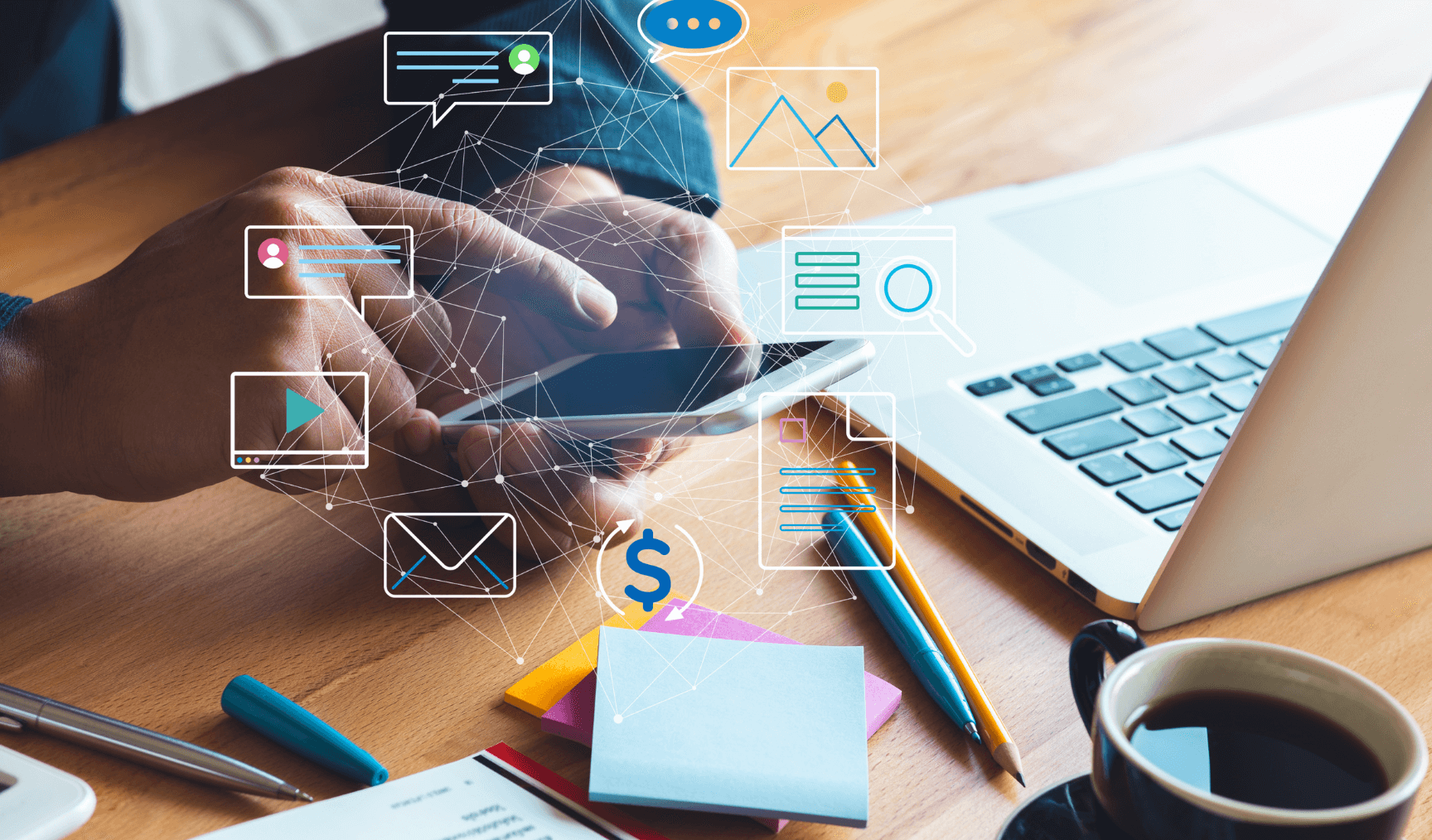 a person typing on their phone with icons overlaid to depict financial and technological functions