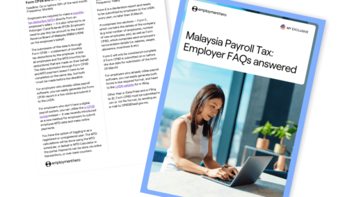 Two pages from 'Malaysia Payroll Tax: Employer FAQs Answered' by Employment Hero, featuring a cover with an image of a professional woman working on a laptop and an interior page with frequently asked questions about payroll tax.
