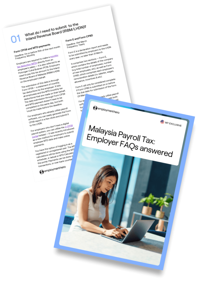 Two pages from 'Malaysia Payroll Tax: Employer FAQs Answered' by Employment Hero, featuring a cover with an image of a professional woman working on a laptop and an interior page with frequently asked questions about payroll tax.