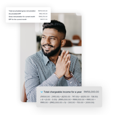 A man looking far off as he smiles, two hands clasped together. There are floating screenshots with financial details