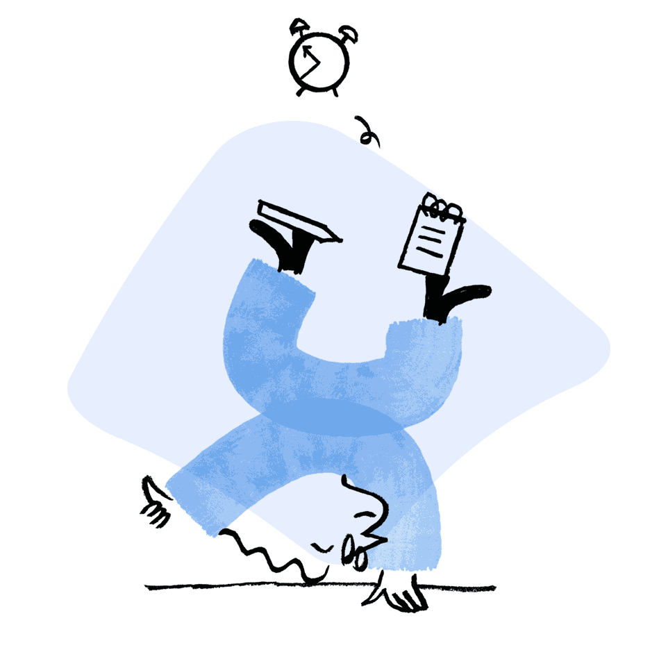 An illustration of Quinn doing a handstand while juggling a notepad, a pencil, and an alarm clock