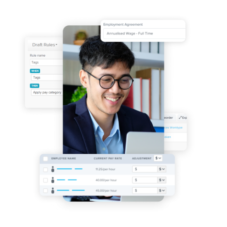 Employee viewing pay rate and employment agreement details on screen