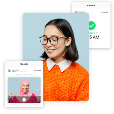 An image of a smiling woman wearing glasses and a bright orange jumper, surrounded by floating widgets of clock in dashboards and details