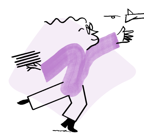An illustration of Quinn leaning forward and setting a paper plane in motion all while holding a stack of papers on another hand