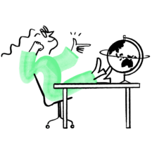 An illustration of Quinn sitting with their feet on top of the table and pointing at a globe