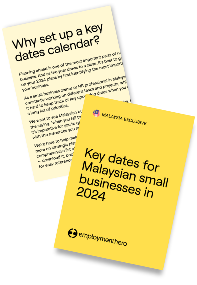 Image featuring the cover page of a document titled 'Key dates for Malaysian small businesses in 2024,' alongside a secondary page explaining the importance of setting up a key dates calendar