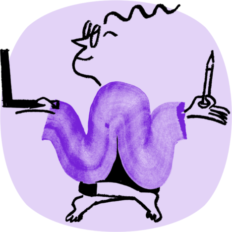 An illustration of Quinn sitting cross-legged holding a pencil and a laptop