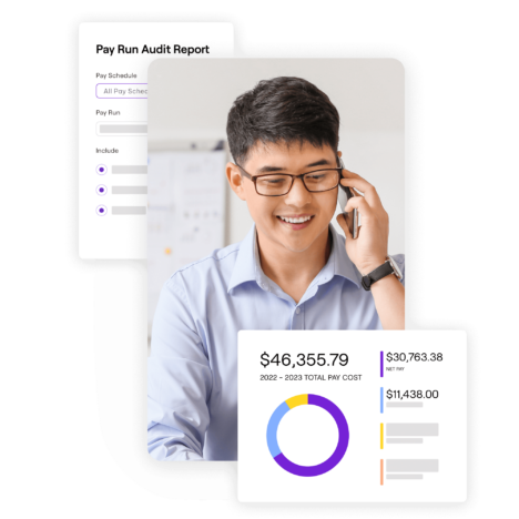 Employee on phone with payroll audit report and cost summary chart displayed
