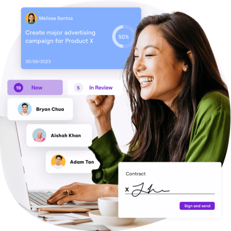 Smiling woman working on a laptop, with a digital interface showing project progress, team member statuses, and a contract ready for signature with a 'Sign and send' button