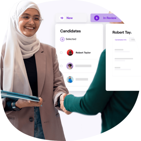 Smiling woman in a hijab holding a folder and shaking hands, with a digital interface in the background showing candidate selection and review stages
