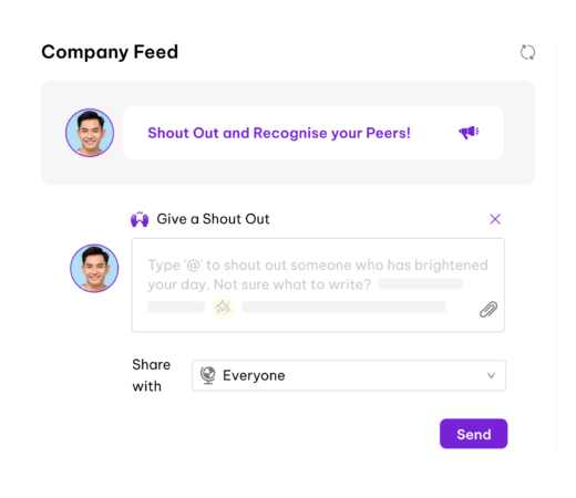 Company feed interface with a 'Shout Out and Recognise your Peers!' prompt. A 'Give a Shout Out' form is open, allowing users to tag colleagues, write a message, choose an audience, and send the shout out.