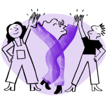 An illustration of Quinn giving highfives to two people