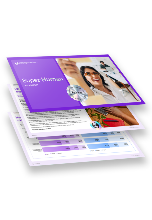 A layered image showing the 'Super Human' report with pages displaying visuals and data insights