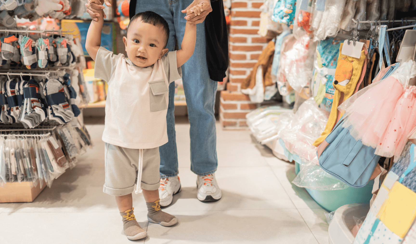 little child walking in a shop while holding his mother's hands