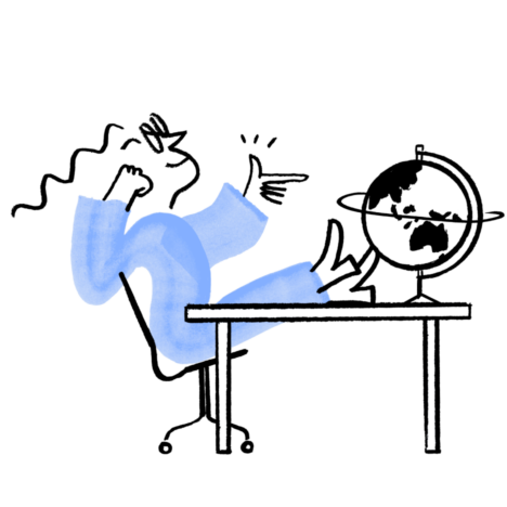 An illustration of Quinn sitting with feet up on the table, pointing at a globe