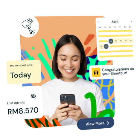 An image of a woman smiling at her phone, set in a colorful graphic background. There are floating widgets such as an icon of a hand holding a bell, a calendar, a congratulatory post on Shoutout, last payment date, and last pay slip