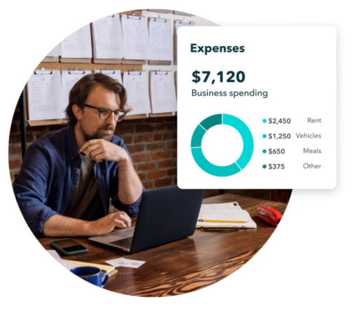 Business owner reviewing expenses report with spending breakdown on laptop.