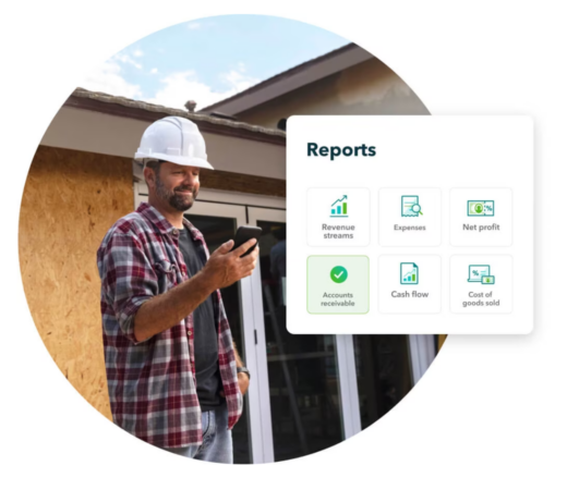 Construction worker using mobile app with financial report options displayed