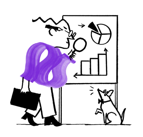 An illustration of Quinn looking closely into a chart of graphs, a dog with a bow tie standing by their side