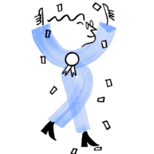 An illustration of Quinn standing in a celebratory pose, with some confetti all around and an award ribbon on their chest