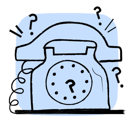 An illustration of a ringing telephone with question marks surrounding it