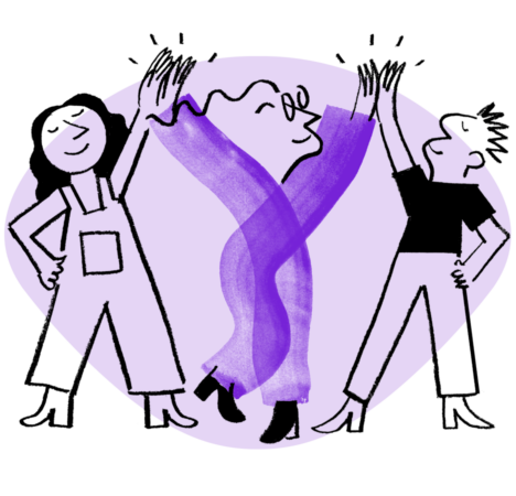 An illustration of Quinn holding out high fives to two people