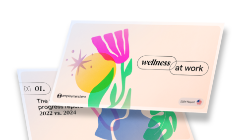 Visual display of the 'Wellness at Work' report with abstract illustrations, highlighting progress comparisons between 2022 and 2024