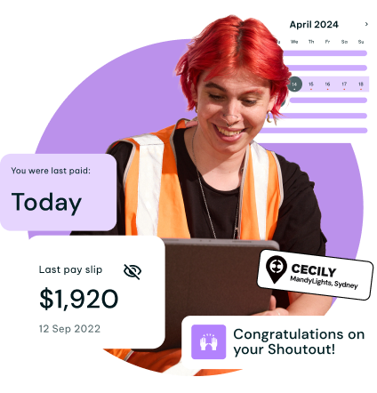 An image of a woman smiling as she types on her laptop. There are floating widgets of last pay date, amount of last pay slip, work calendar, pinned location and a congratulatory note for Shoutout