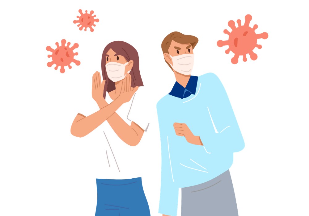 Illustration of two people wearing masks, one woman with arms crossed in an 'X' gesture and one man looking cautious, surrounded by virus particles, representing COVID-19 safety and health precautions