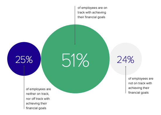 A proportional bubble chart showing employee progress towards financial goals. A large green bubble represents 51% of employees on track with their financial goals, a smaller blue bubble represents 25% who are neither on nor off track, and a gray bubble represents 24% who are not on track
