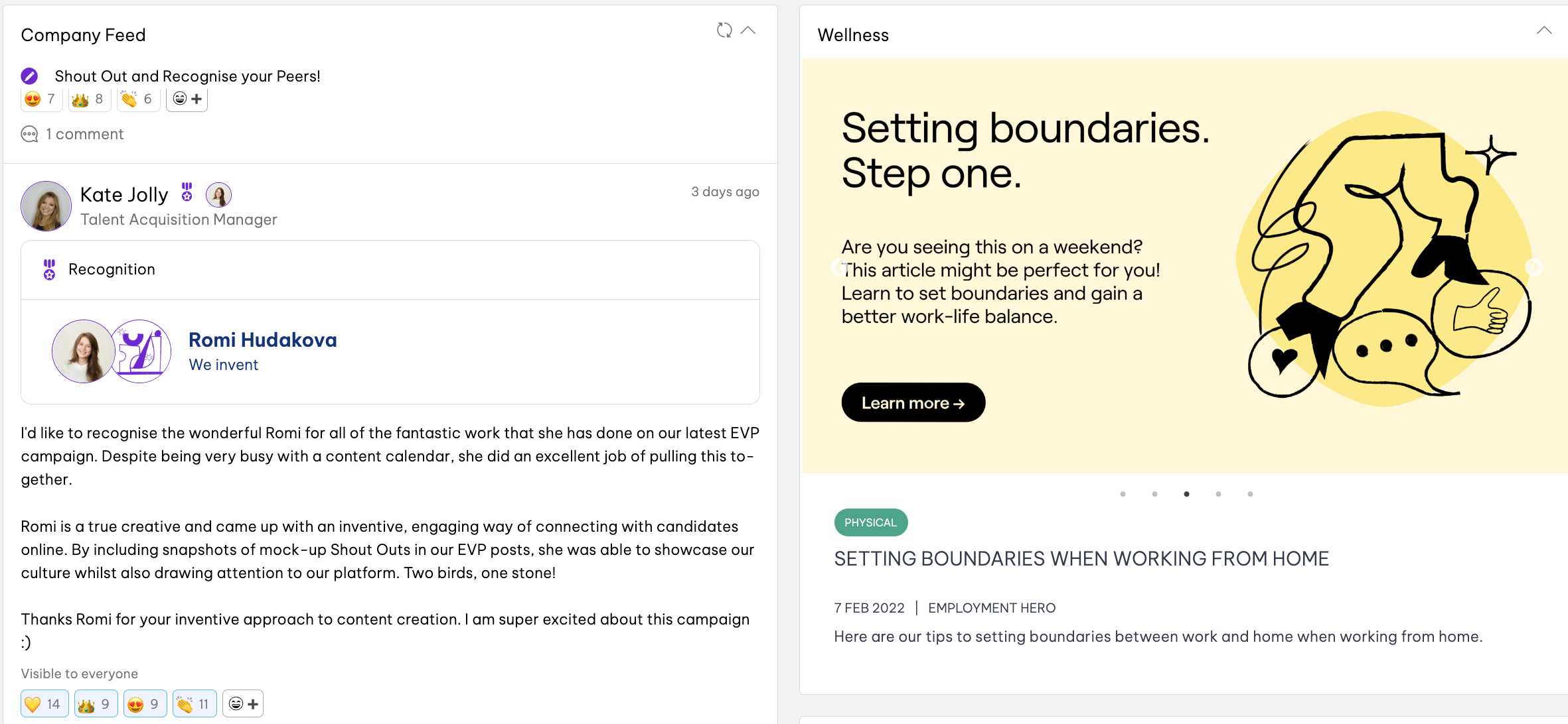 Use our Employment Hero platform to give shoutouts to your peers.