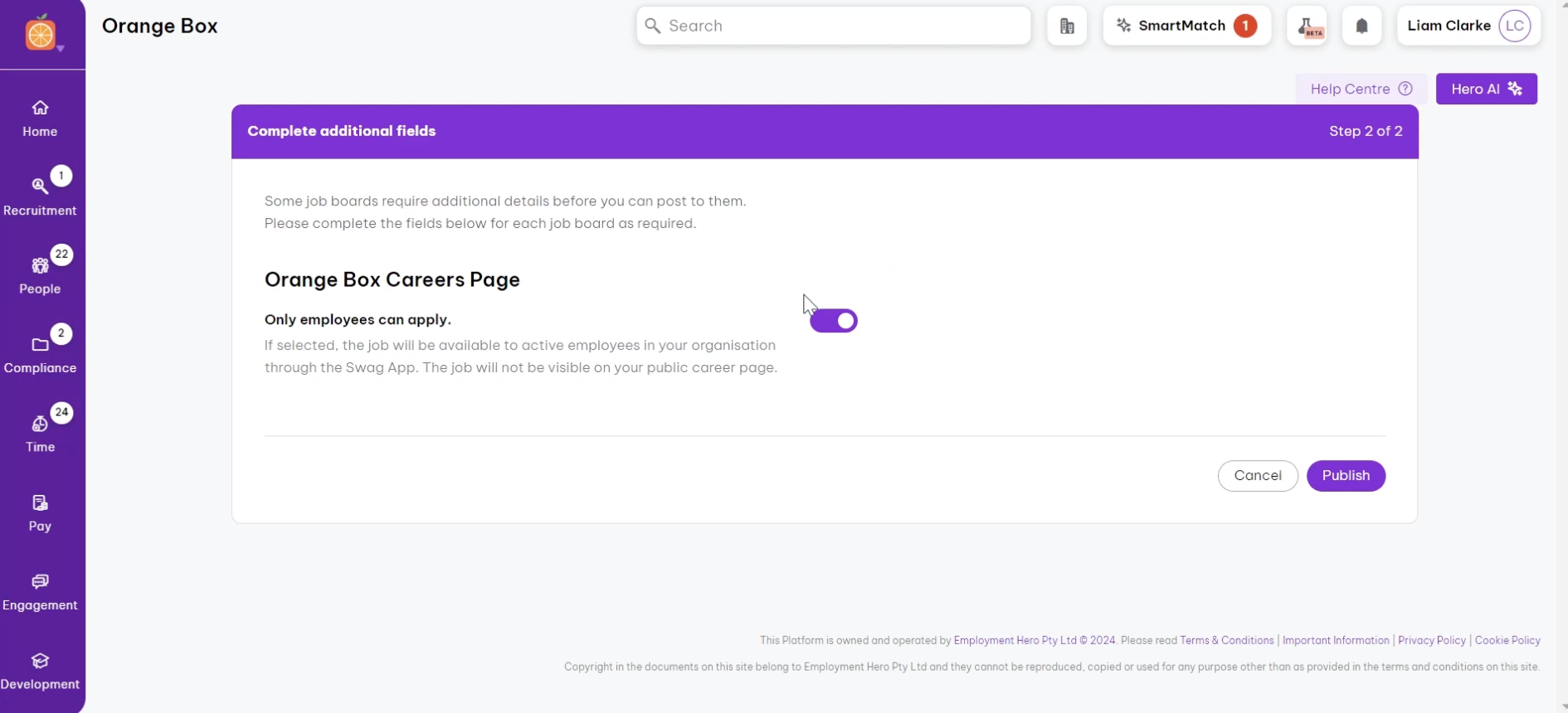 Internal job posting settings screen for Orange Box Careers Page with toggle for 'Only employees can apply.