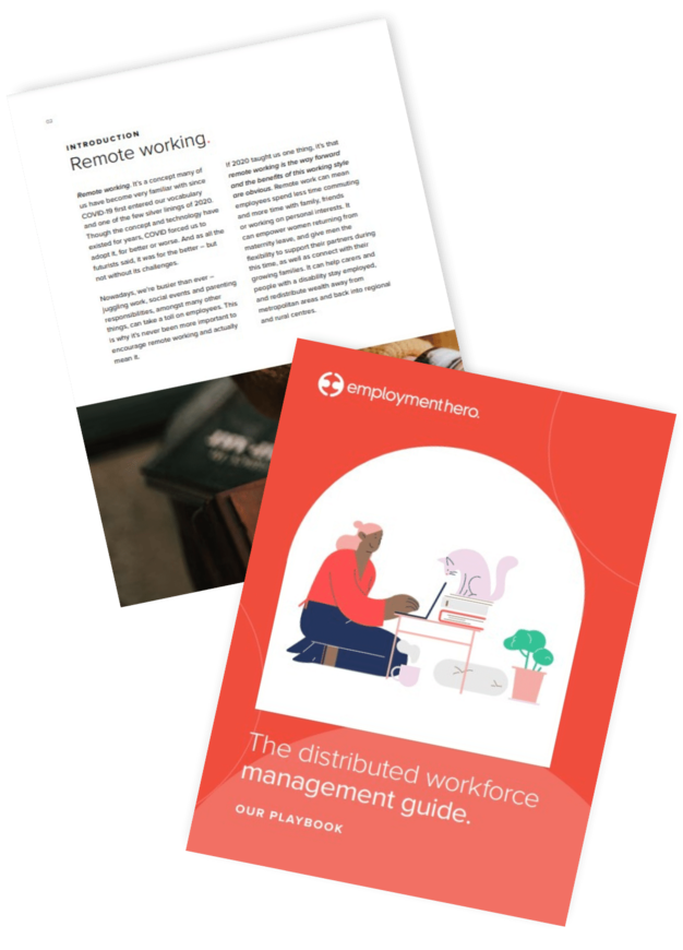 Two pages from 'A Manager's Guide to Boosting Employee Mental Wellbeing' by Employment Hero, featuring a cover with an illustration of a person watering a flower and a table of contents listing topics covered in the guide.
