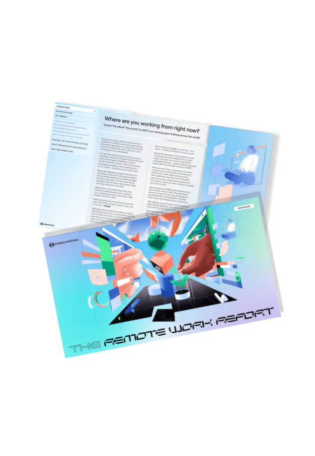 A report titled "The Remote Work Report," featuring vibrant 3D-style graphics of floating digital elements and hands interacting with technology