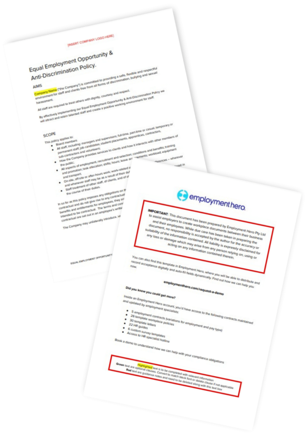 Two pages of an Equal Employment Opportunity & Anti-Discrimination Policy template